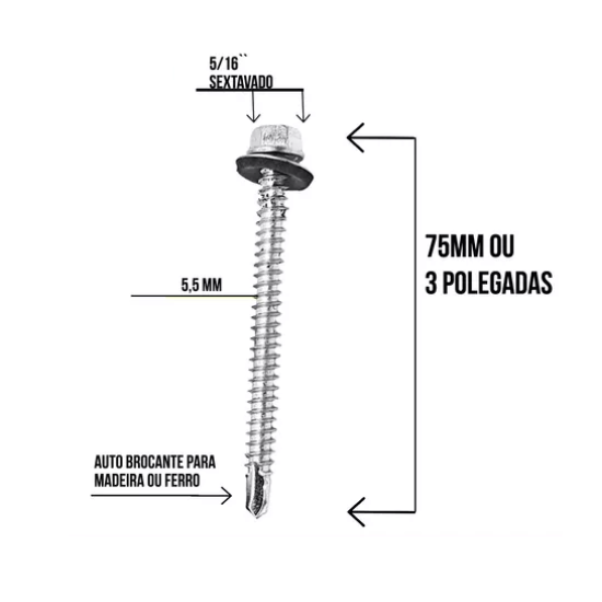 Parafuso Telheiro Autobrocante Com Arruela De Vedação 5,5x3 - 100 Peças